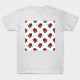 Red vintage roses and blue polka dots T-Shirt